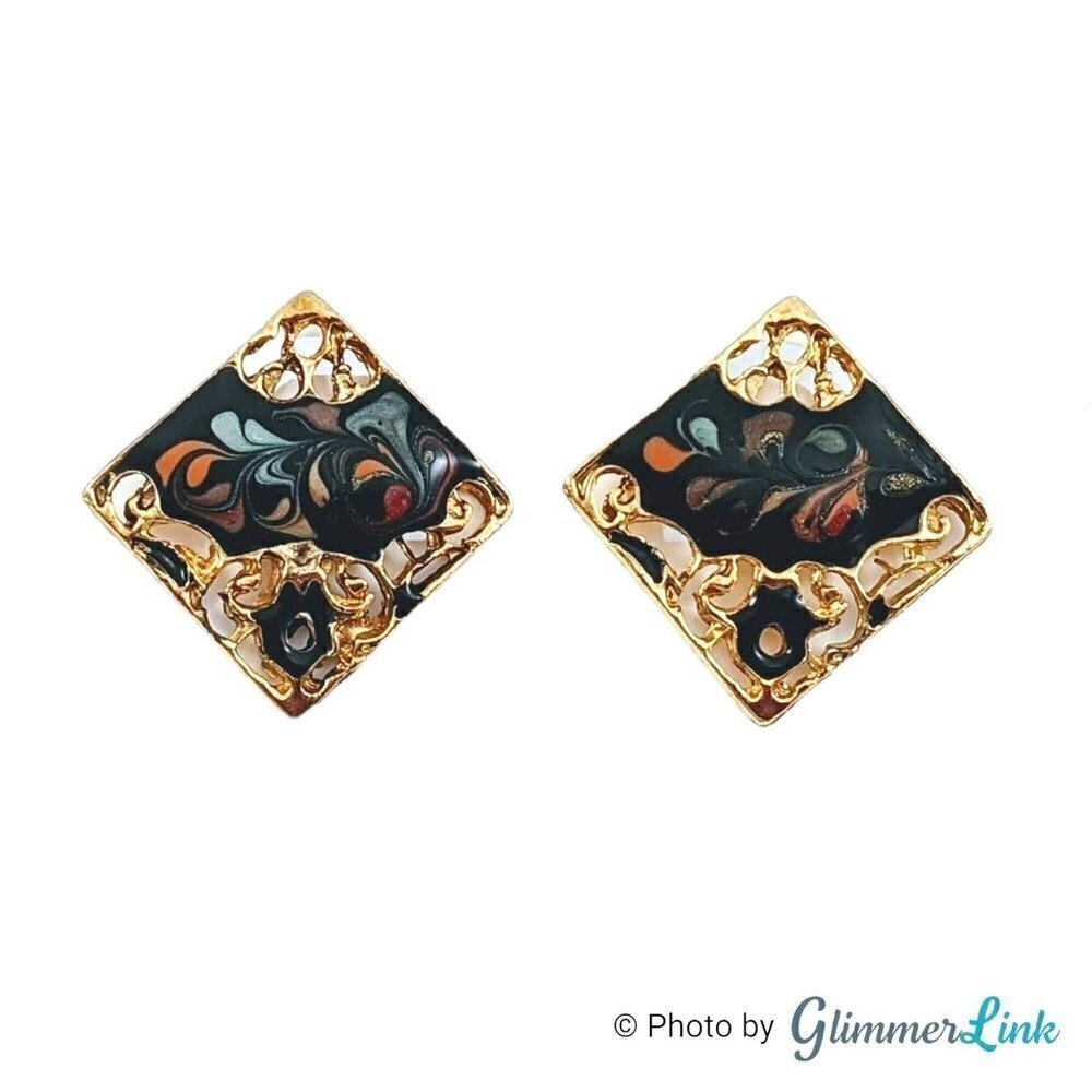 Vintage Diamond Shaped Filigree Enamel Swirls Earrings
